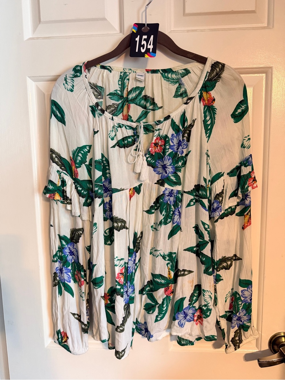 Old Navy White Floral Scoop Neck Blouse with Green and Red Print